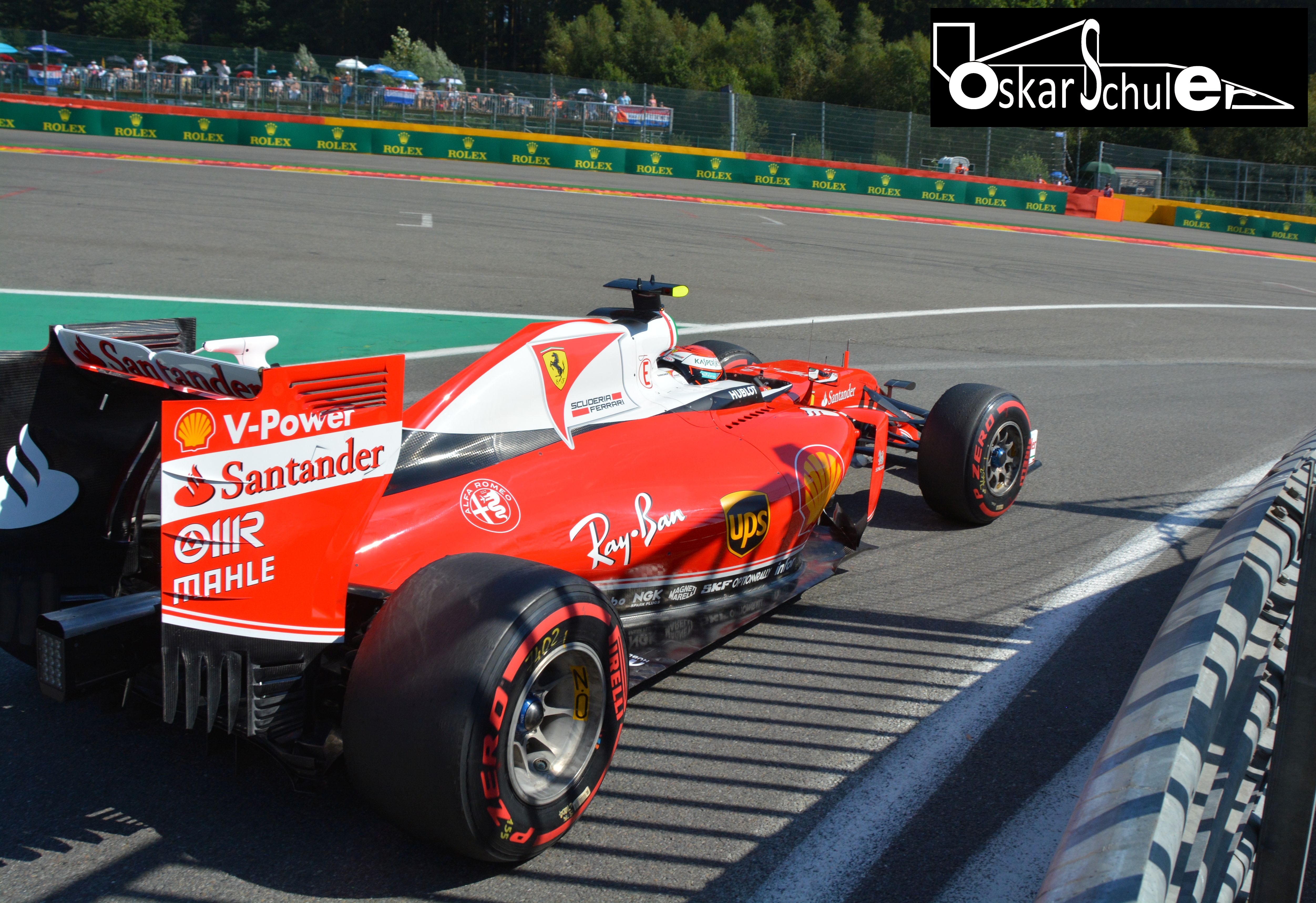 Photo of Kimi Raikkonen in the Ferrari at Spa-Francorchamps